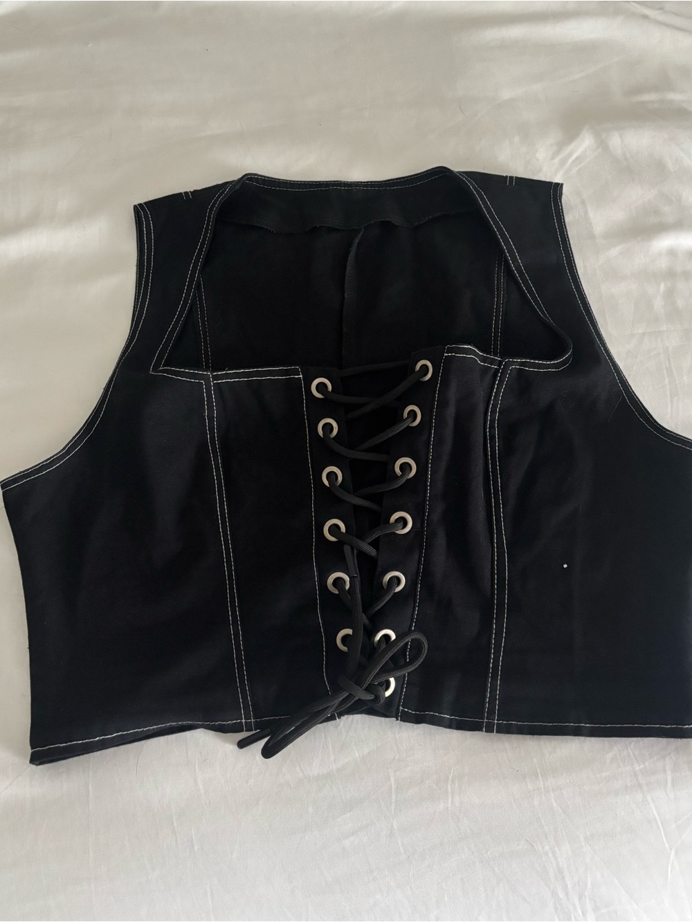 Black Lace-Up Top with Contrast Stitching